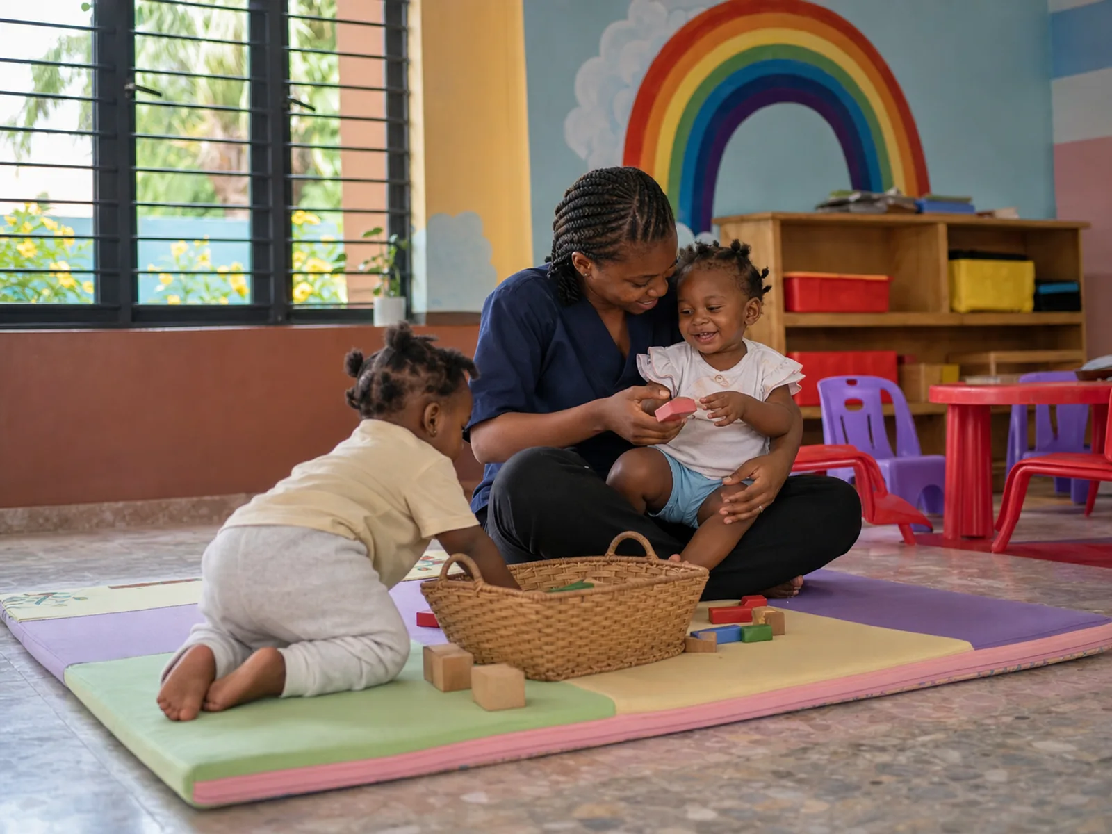 A caregiver playing with two toddlers